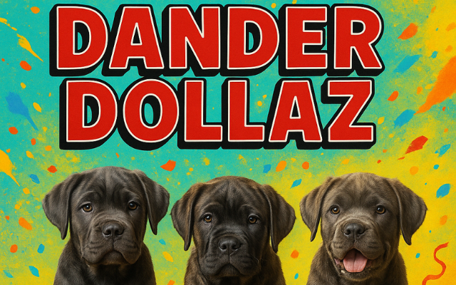 Three puppies on a colorful background with 'Dander Dollaz' text.