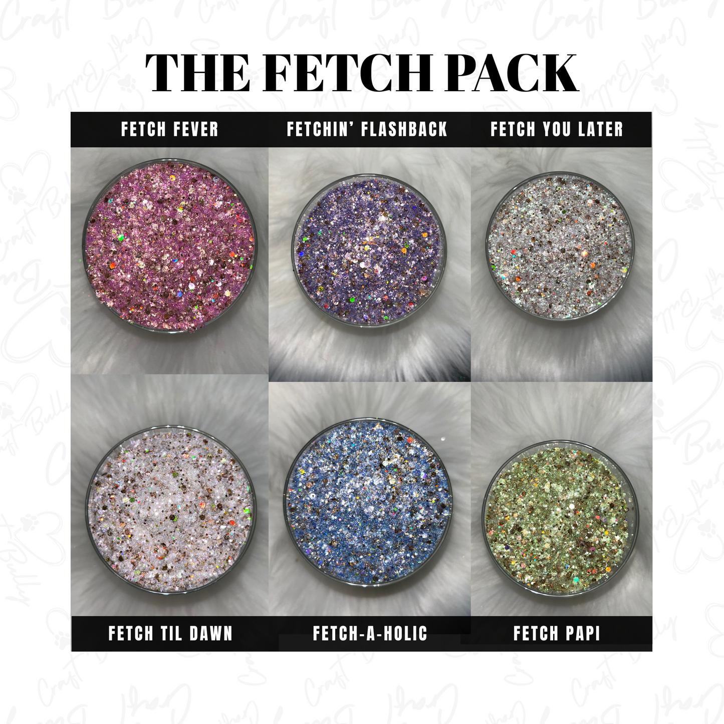Display of glittery makeup products labeled 'The Fetch Pack' with various glitter colors.
