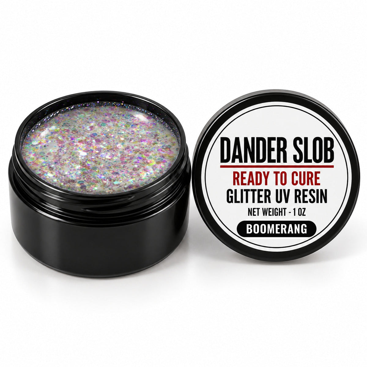 Craft Bully Dander Slob Boomerang glitter UV resin in a 1 oz black jar.