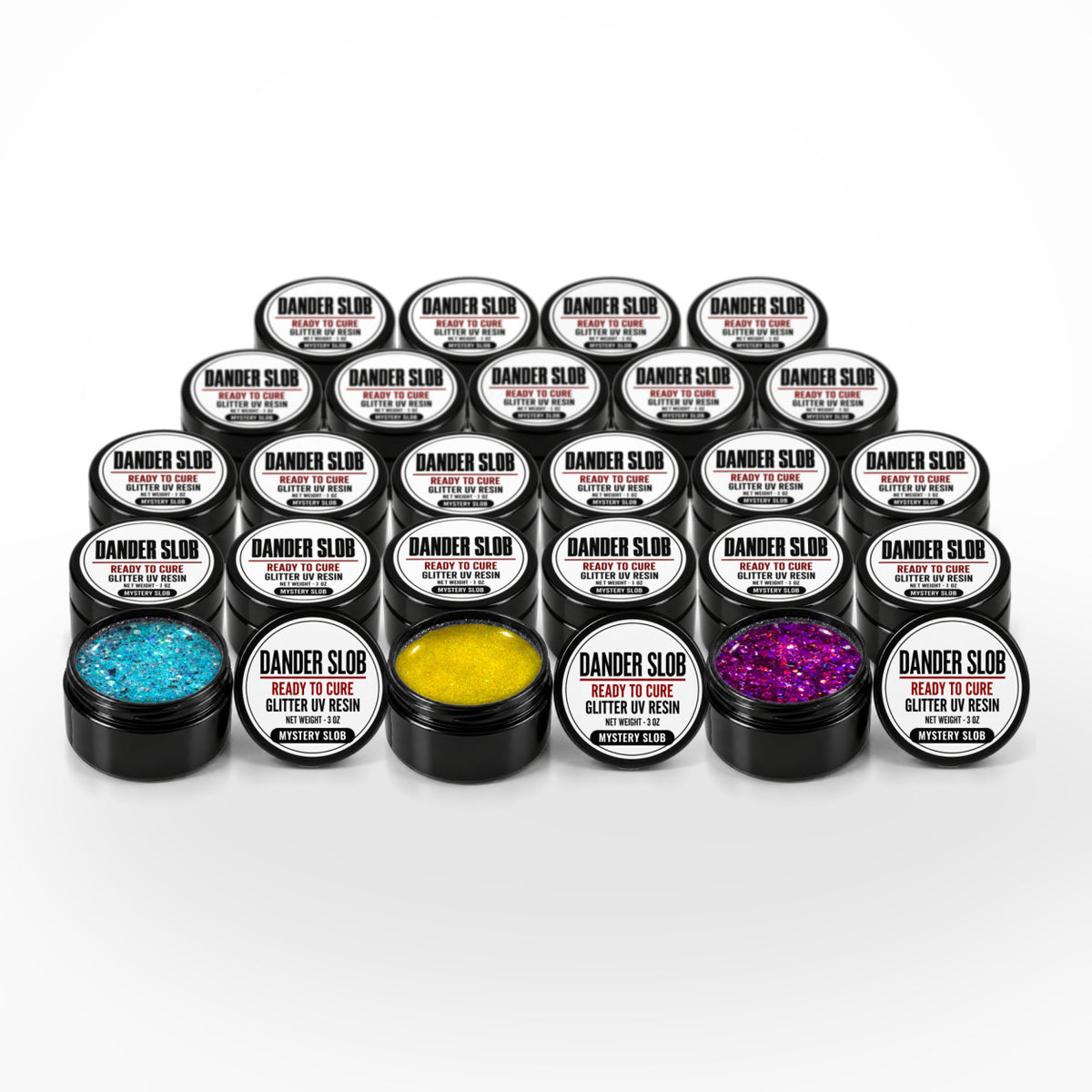 Craft Bully Dander Slob Mystery Slob 24 pack of 3 oz glitter UV resin jars, three open to show fine and chunky glitter.