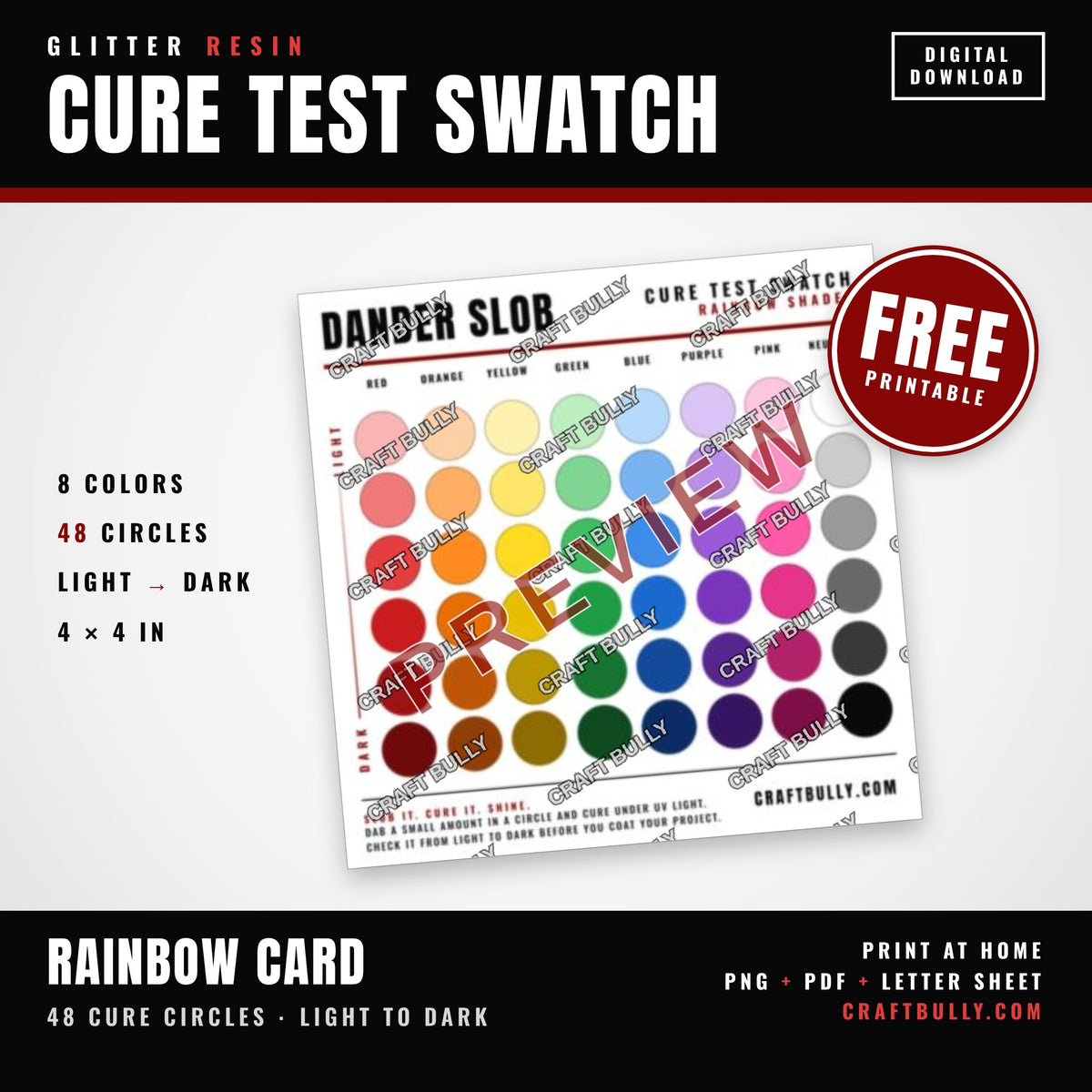 Glitter Resin Cure Test Swatch free printable Rainbow card with 48 cure circles from light to dark, watermarked preview.