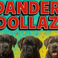Three puppies on a colorful background with 'Dander Dollaz' text.