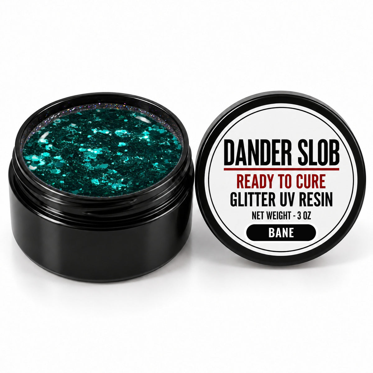 Craft Bully Dander Slob Bane glitter UV resin in a 3 oz black jar.