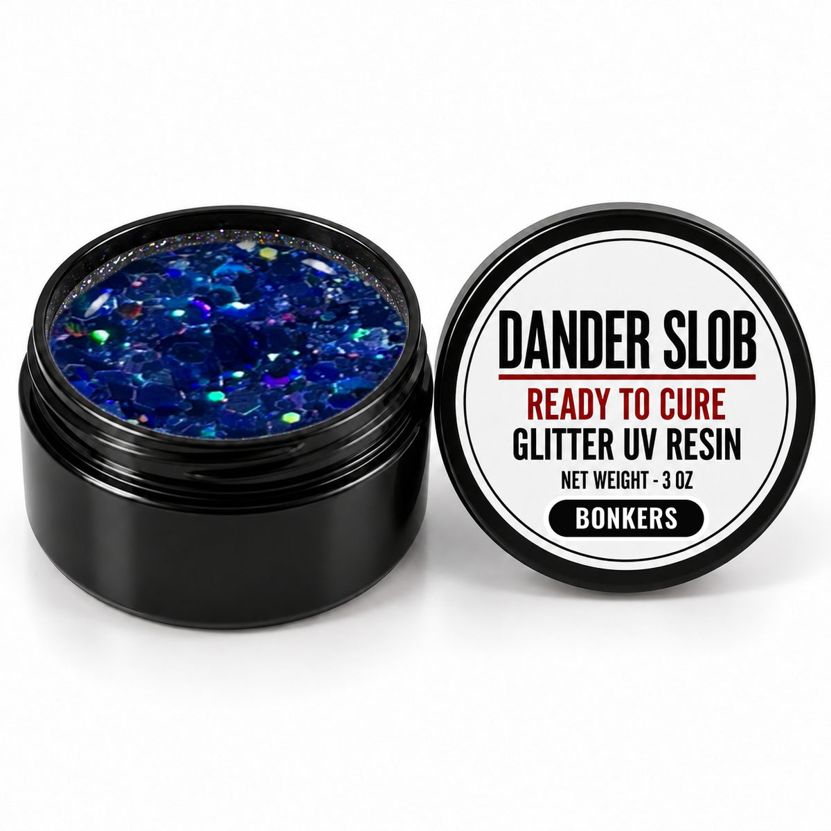 Craft Bully Dander Slob Bonkers glitter UV resin in a 3 oz black jar.
