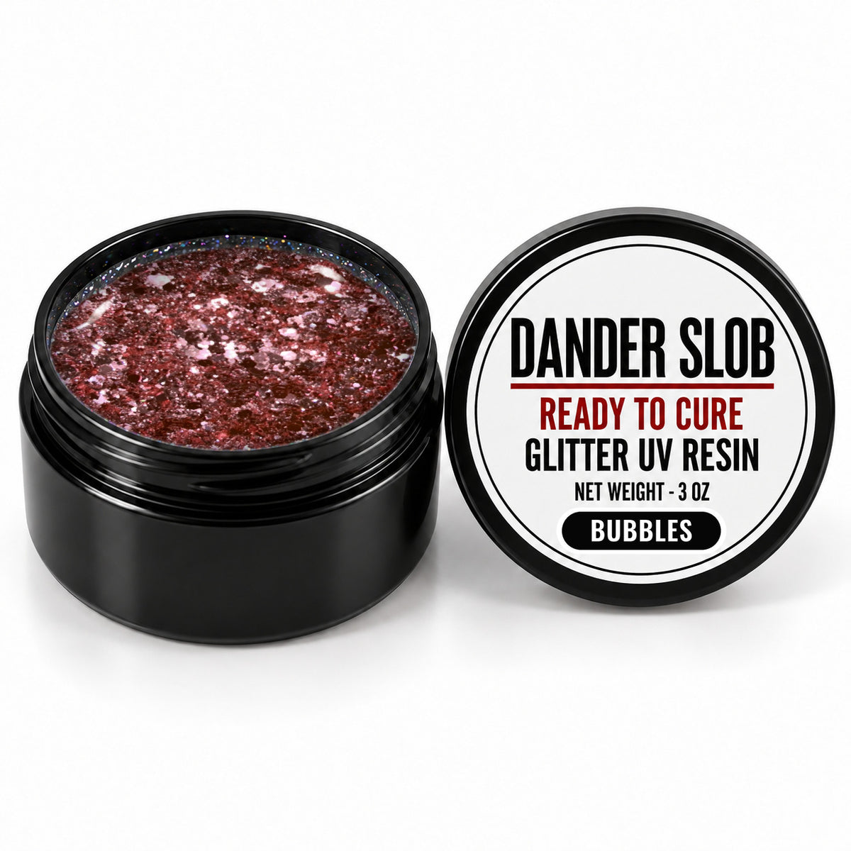 Craft Bully Dander Slob Bubbles glitter UV resin in a 3 oz black jar.