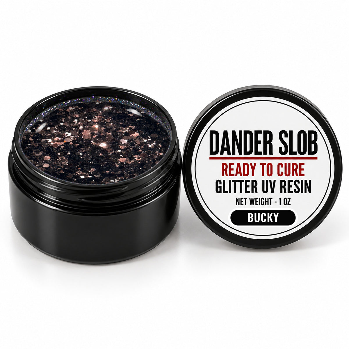 Craft Bully Dander Slob Bucky glitter UV resin in a 1 oz black jar.