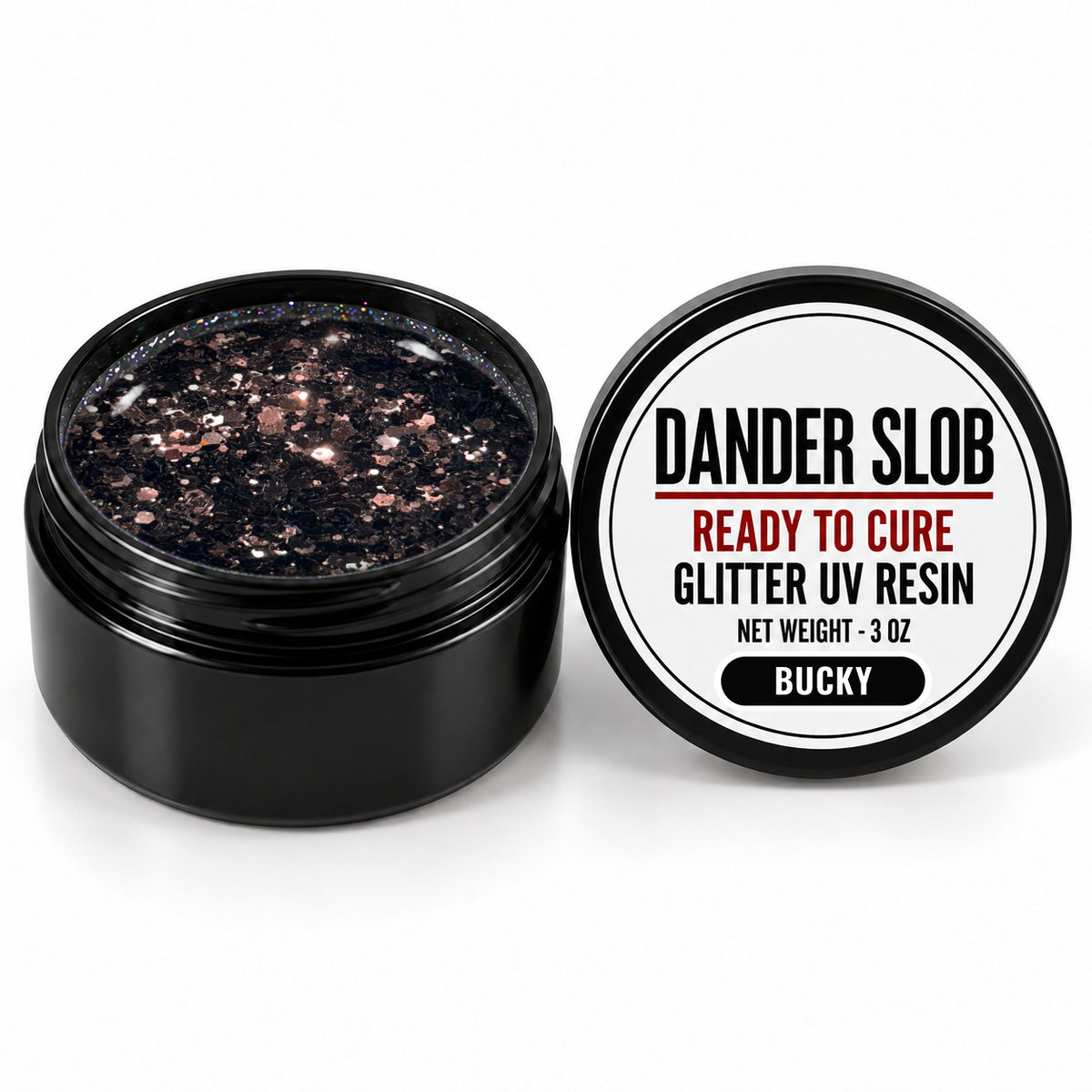 Craft Bully Dander Slob Bucky glitter UV resin in a 3 oz black jar.