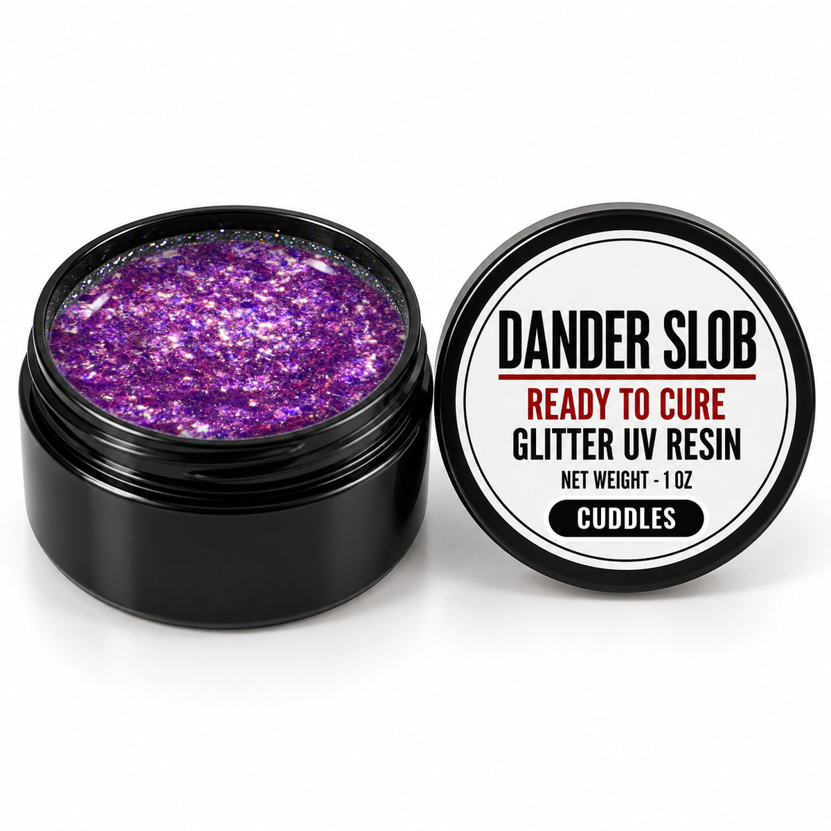 Craft Bully Dander Slob Cuddles glitter UV resin in a 1 oz black jar.