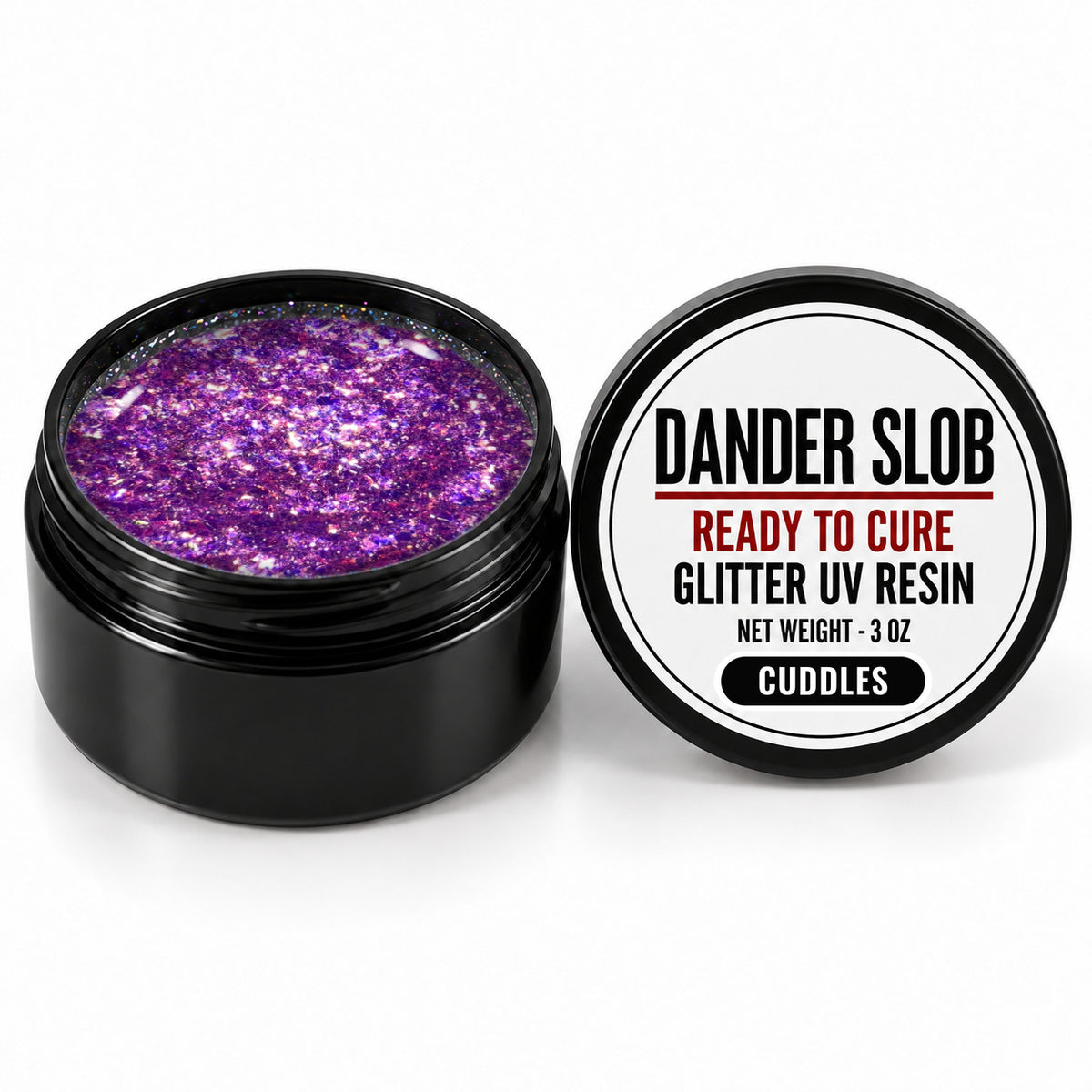 Craft Bully Dander Slob Cuddles glitter UV resin in a 3 oz black jar.