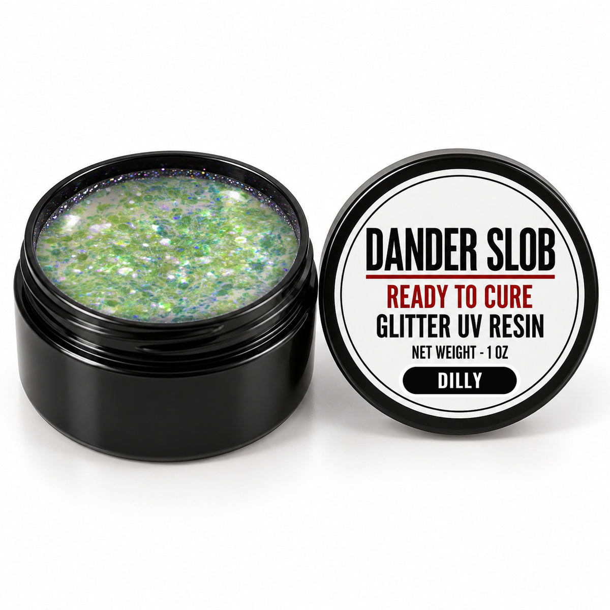 Craft Bully Dander Slob Dilly glitter UV resin in a 1 oz black jar.