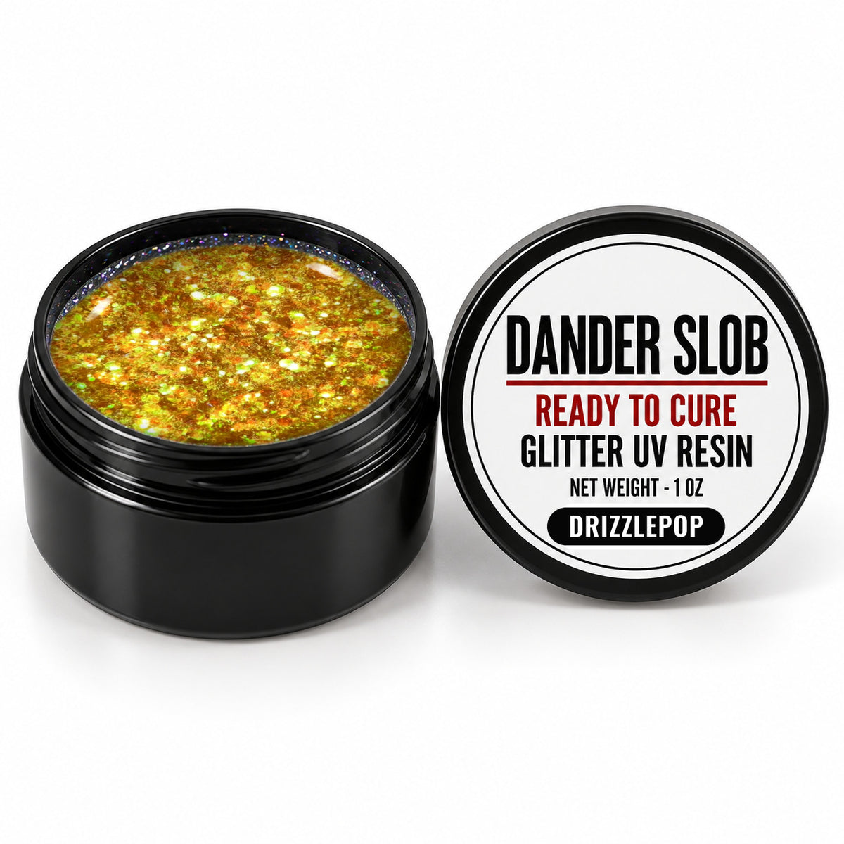 Craft Bully Dander Slob Drizzlepop glitter UV resin in a 1 oz black jar.