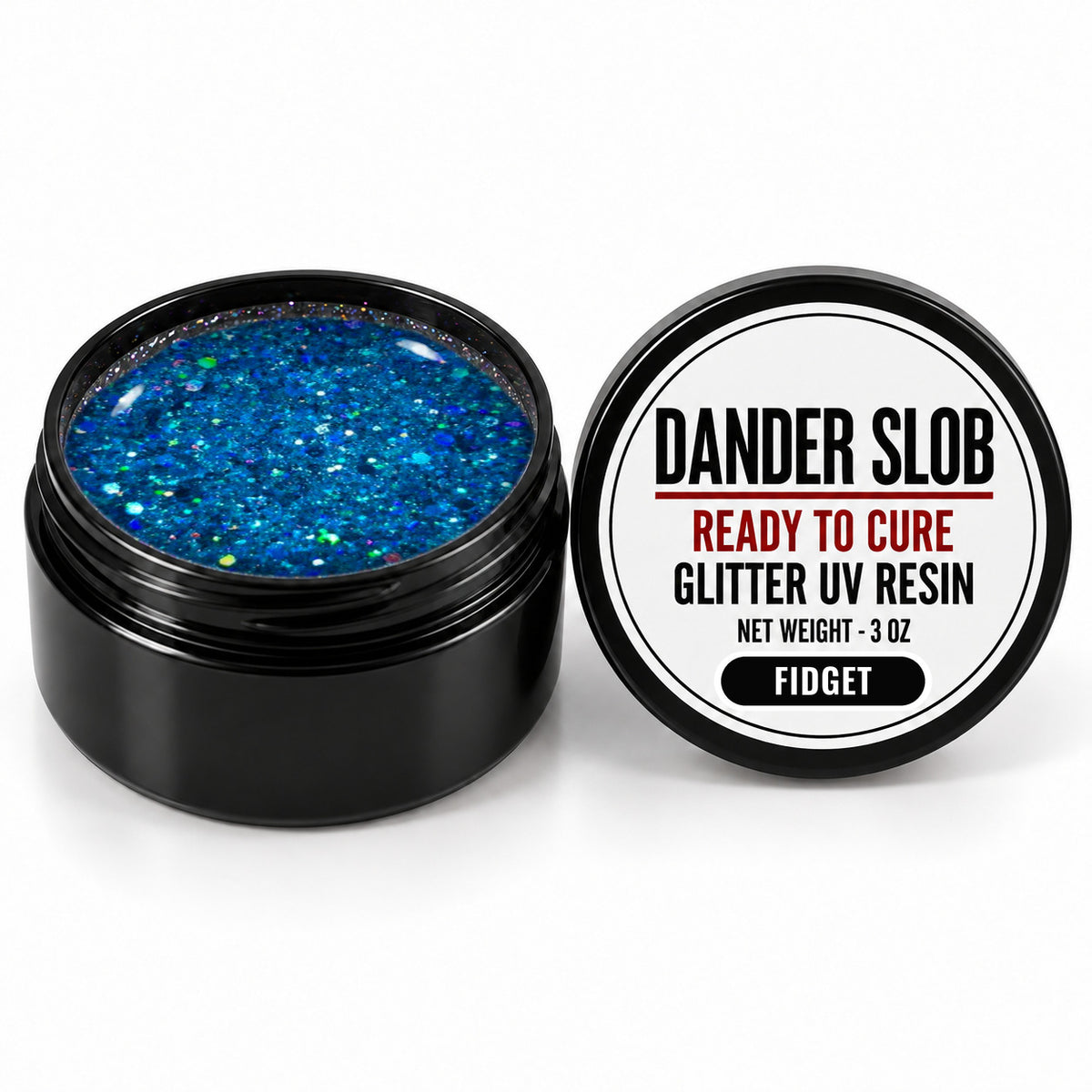 Craft Bully Dander Slob Fidget glitter UV resin in a 3 oz black jar.