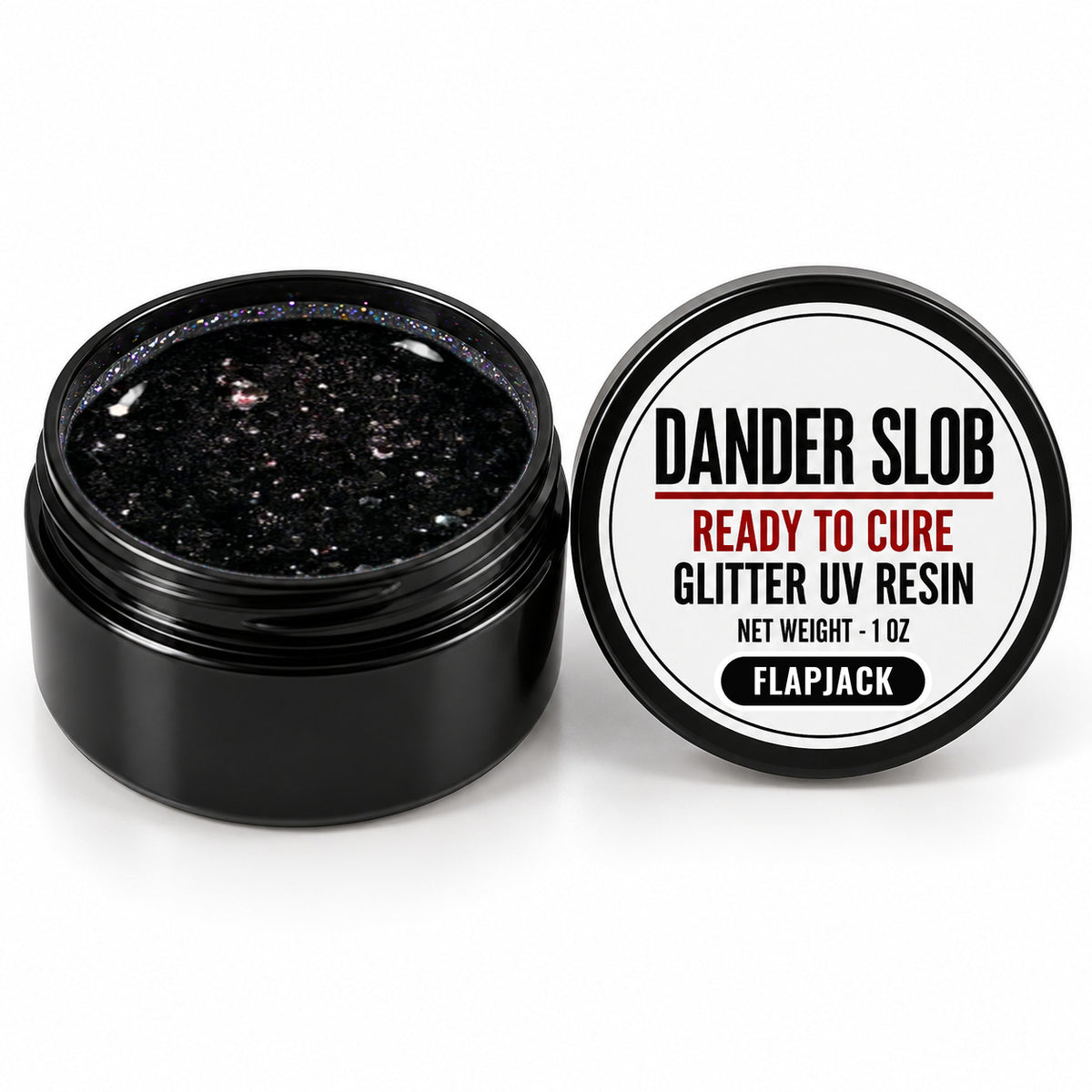 Craft Bully Dander Slob Flapjack glitter UV resin in a 1 oz black jar.