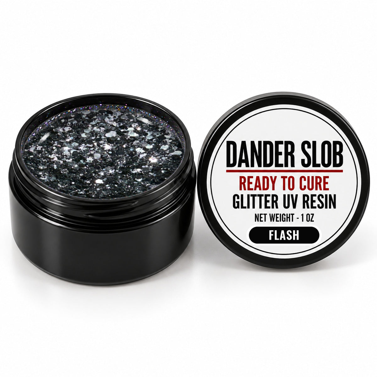 Craft Bully Dander Slob Flash glitter UV resin in a 1 oz black jar.