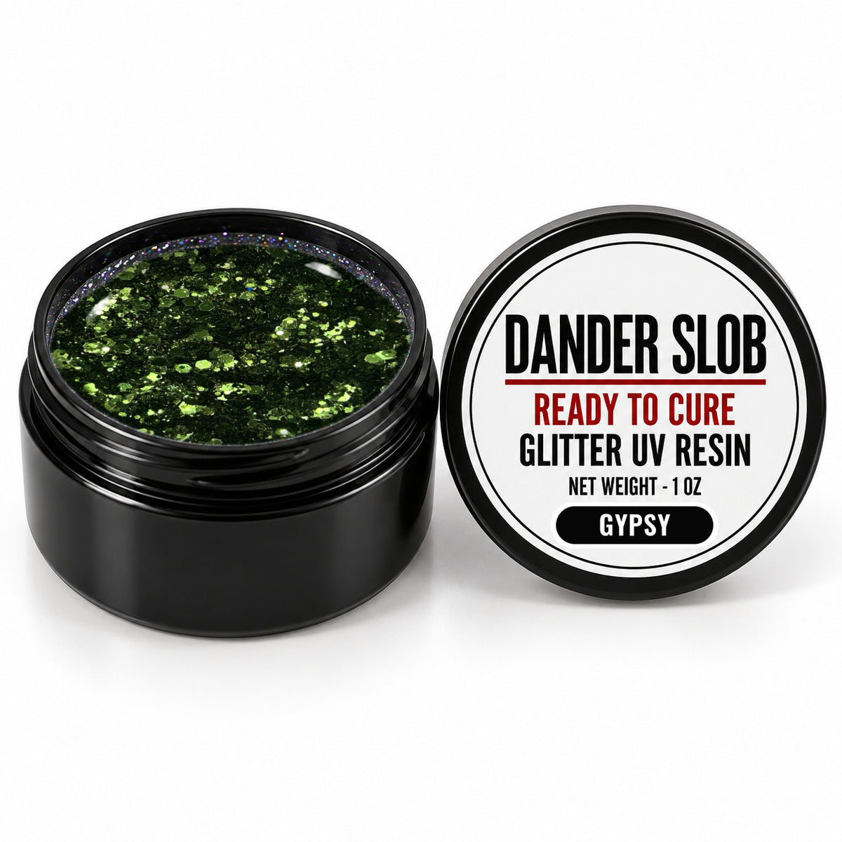 Craft Bully Dander Slob Gypsy glitter UV resin in a 1 oz black jar.