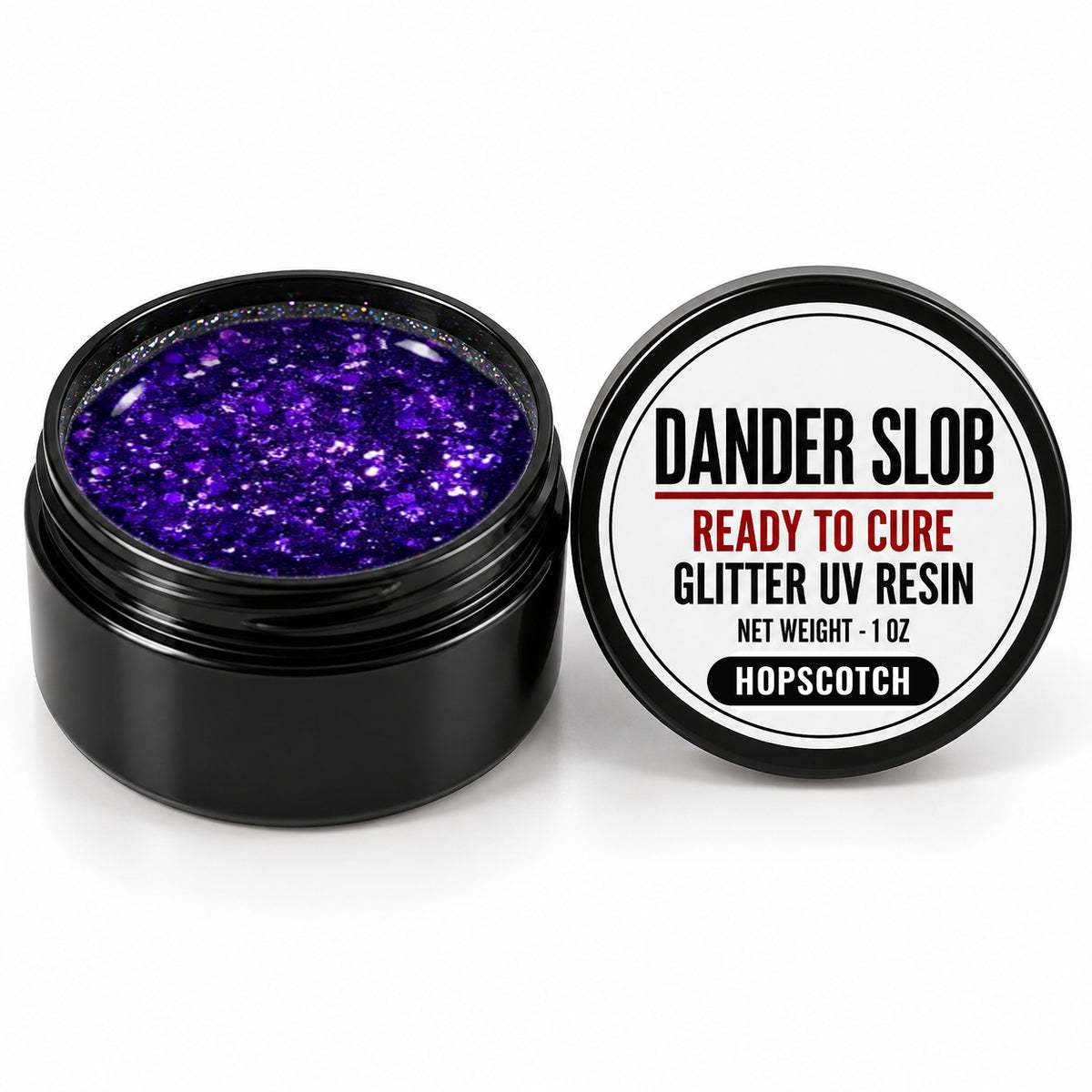 Craft Bully Dander Slob Hopscotch glitter UV resin in a 1 oz black jar.
