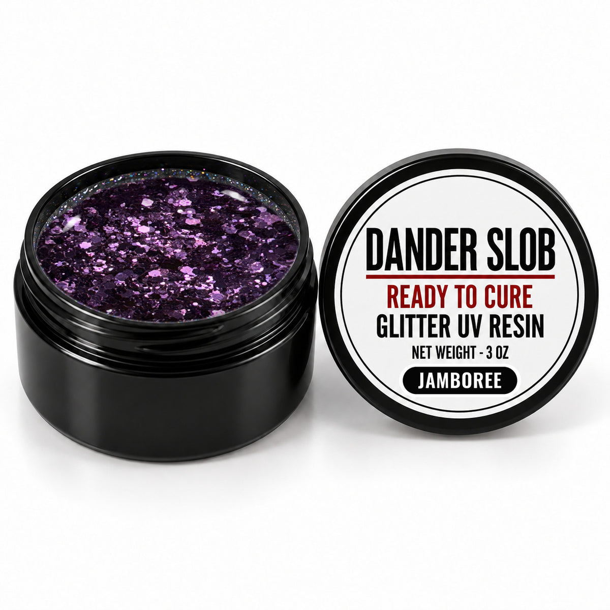 Craft Bully Dander Slob Jamboree glitter UV resin in a 3 oz black jar.