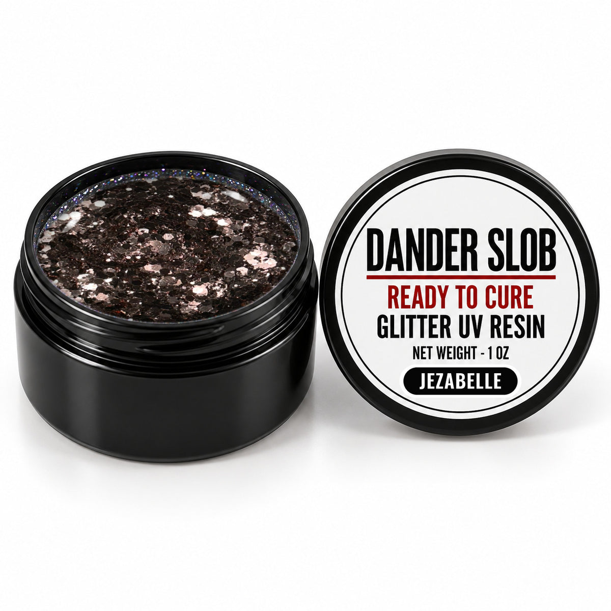 Craft Bully Dander Slob Jezabelle glitter UV resin in a 1 oz black jar.