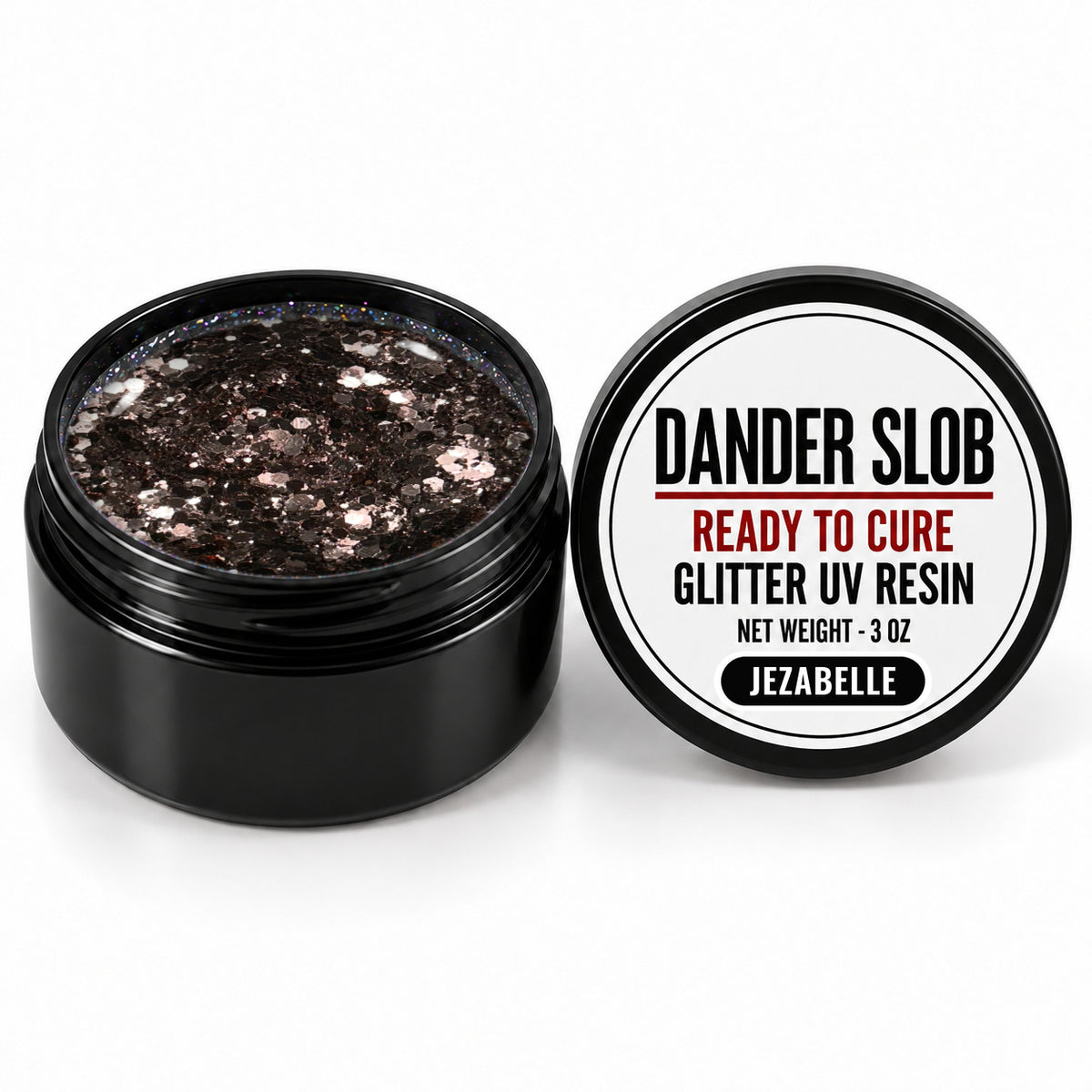 Craft Bully Dander Slob Jezabelle glitter UV resin in a 3 oz black jar.