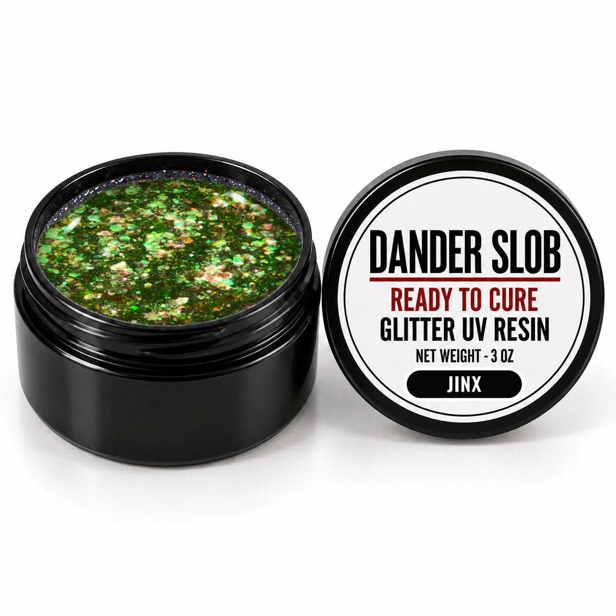 Craft Bully Dander Slob Jinx glitter UV resin in a 3 oz black jar.