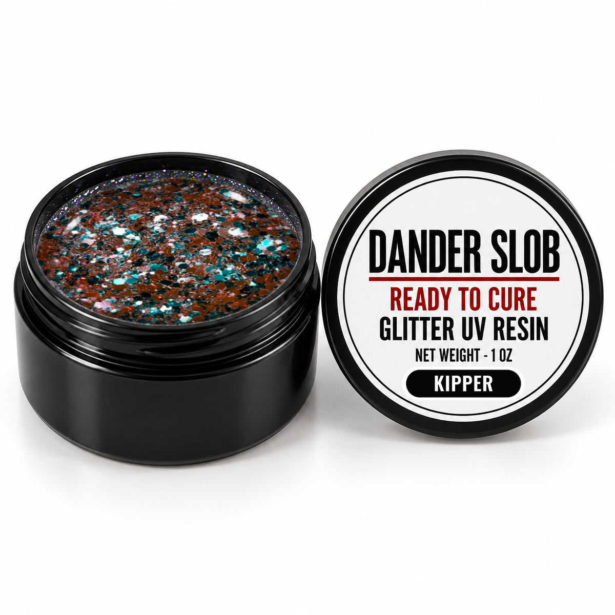 Craft Bully Dander Slob Kipper glitter UV resin in a 1 oz black jar.