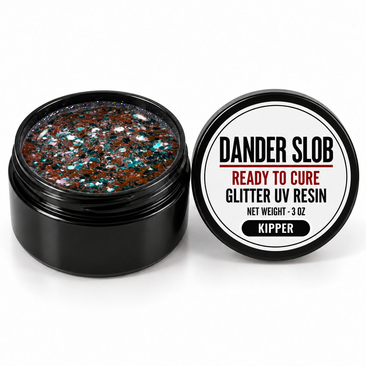 Craft Bully Dander Slob Kipper glitter UV resin in a 3 oz black jar.