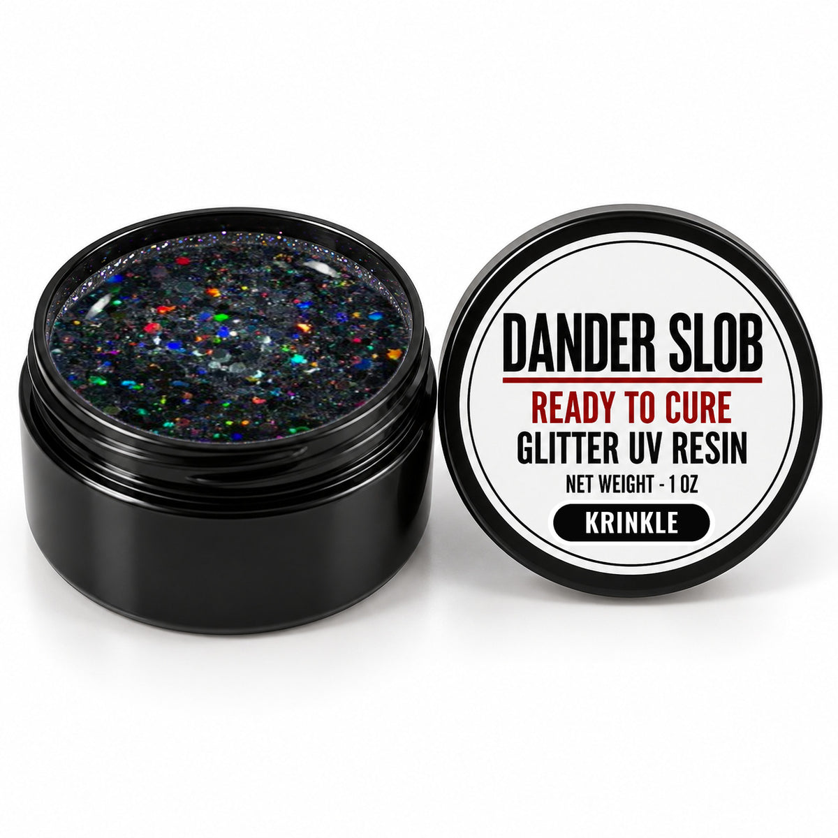 Craft Bully Dander Slob Krinkle glitter UV resin in a 1 oz black jar.