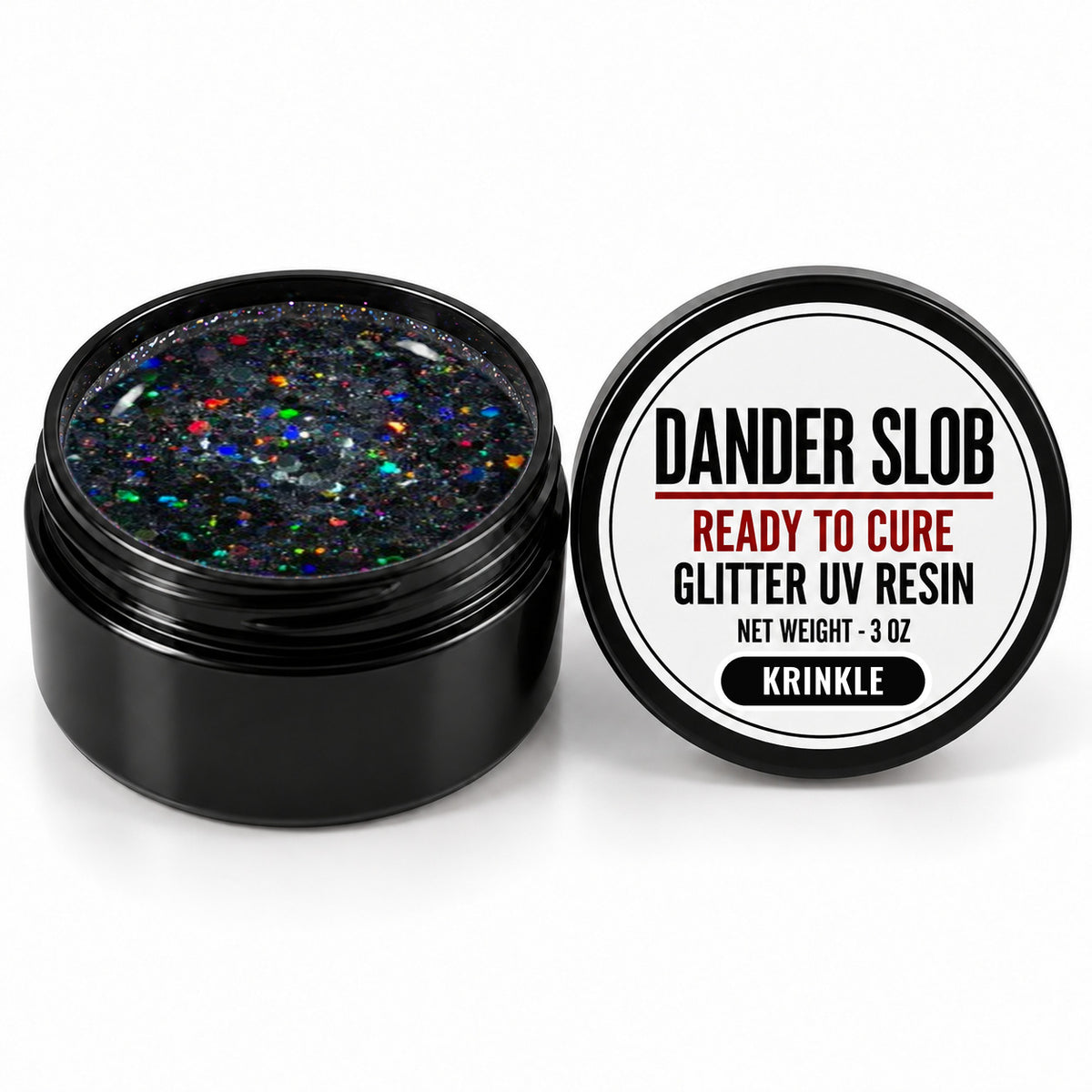Craft Bully Dander Slob Krinkle glitter UV resin in a 3 oz black jar.