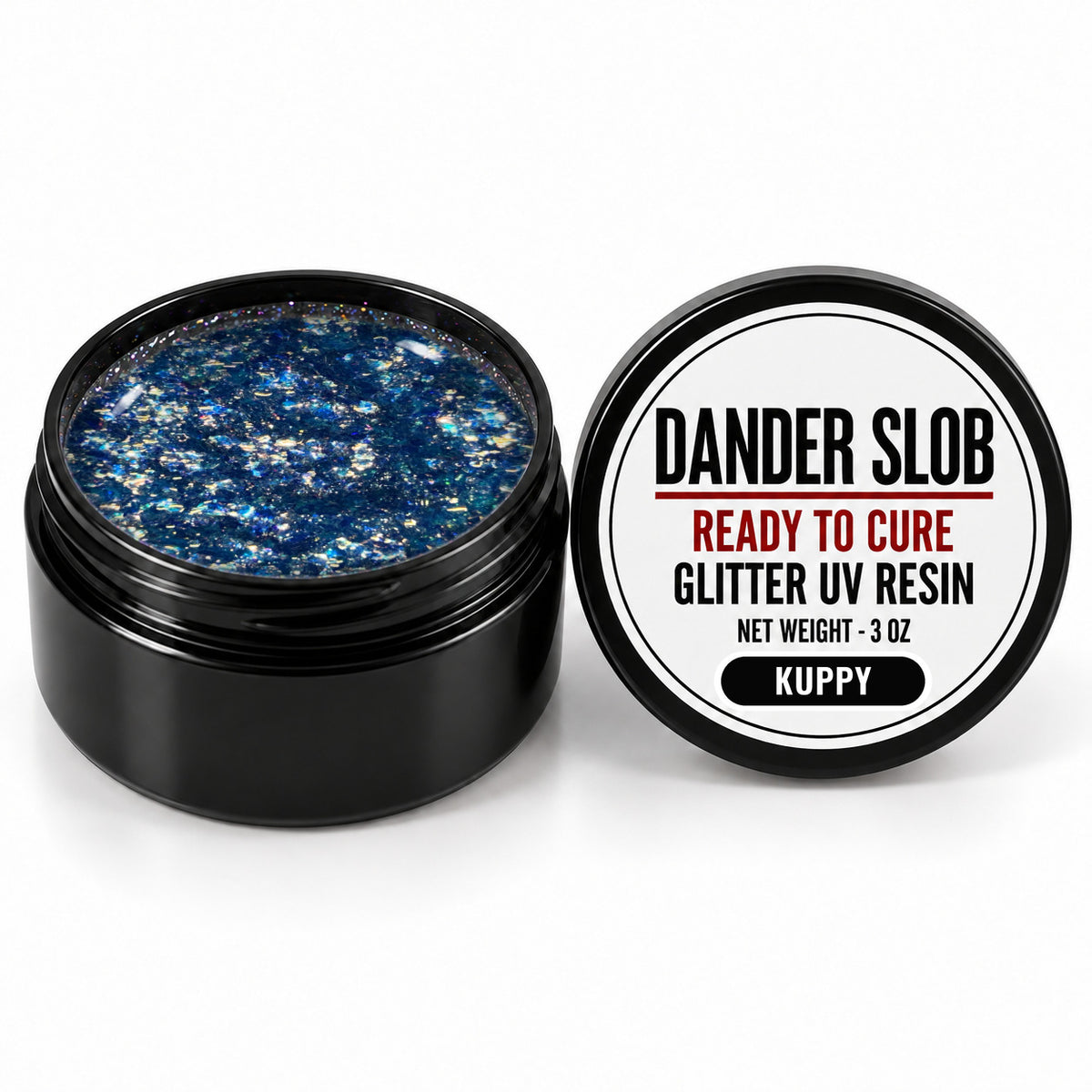Craft Bully Dander Slob Kuppy glitter UV resin in a 3 oz black jar.