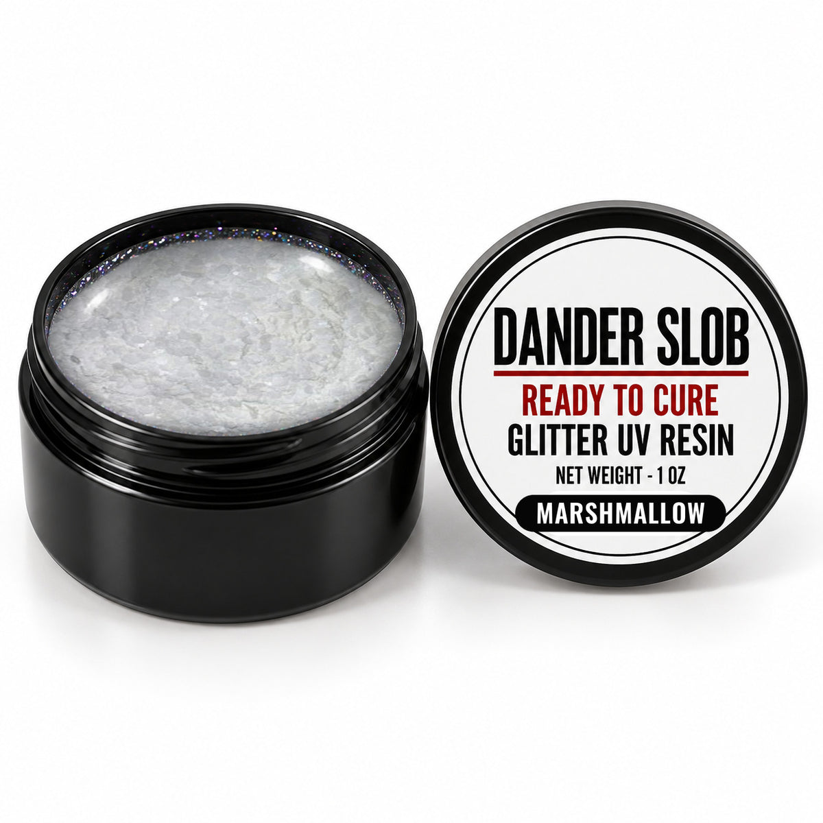 Craft Bully Dander Slob Marshmallow glitter UV resin in a 1 oz black jar.