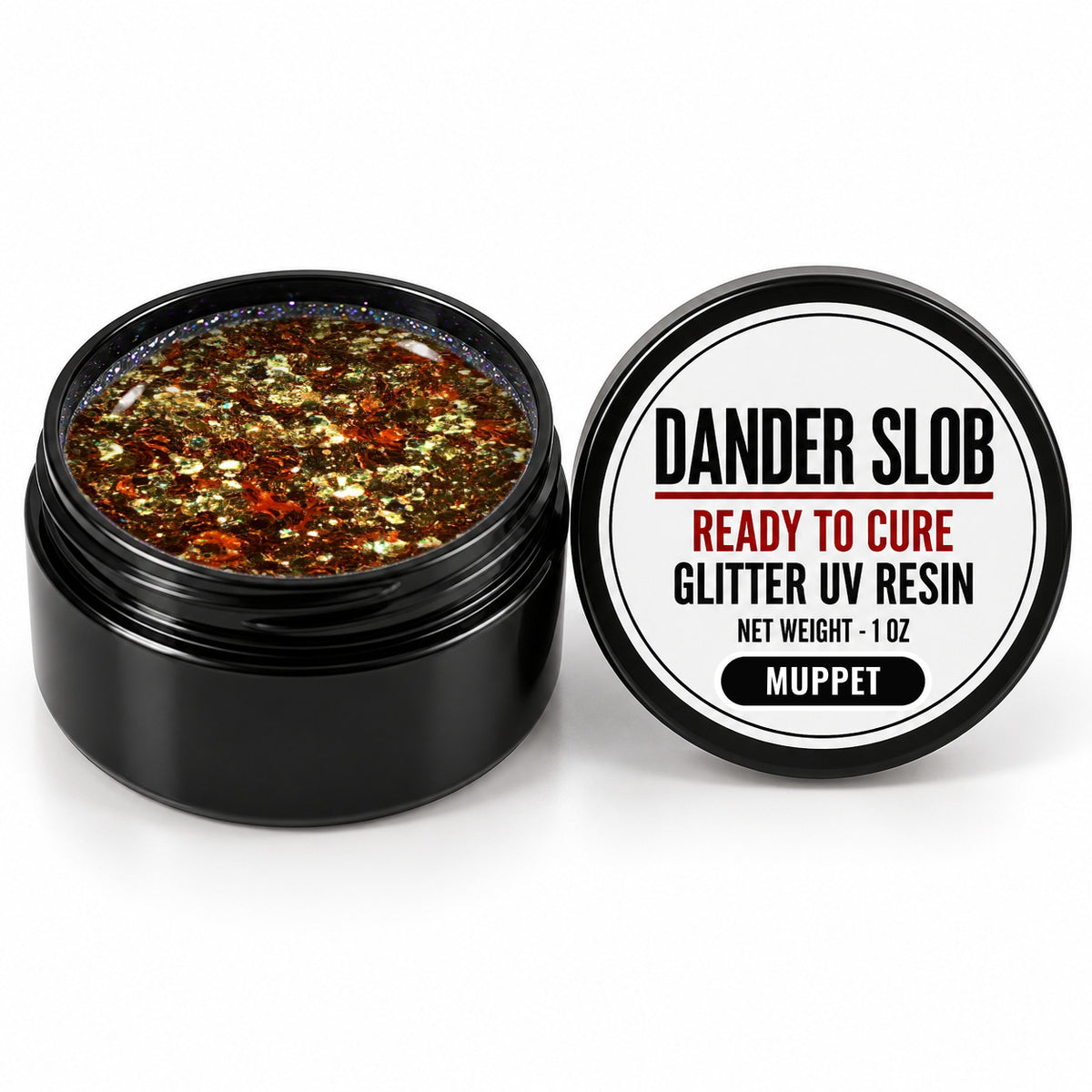 Craft Bully Dander Slob Muppet glitter UV resin in a 1 oz black jar.