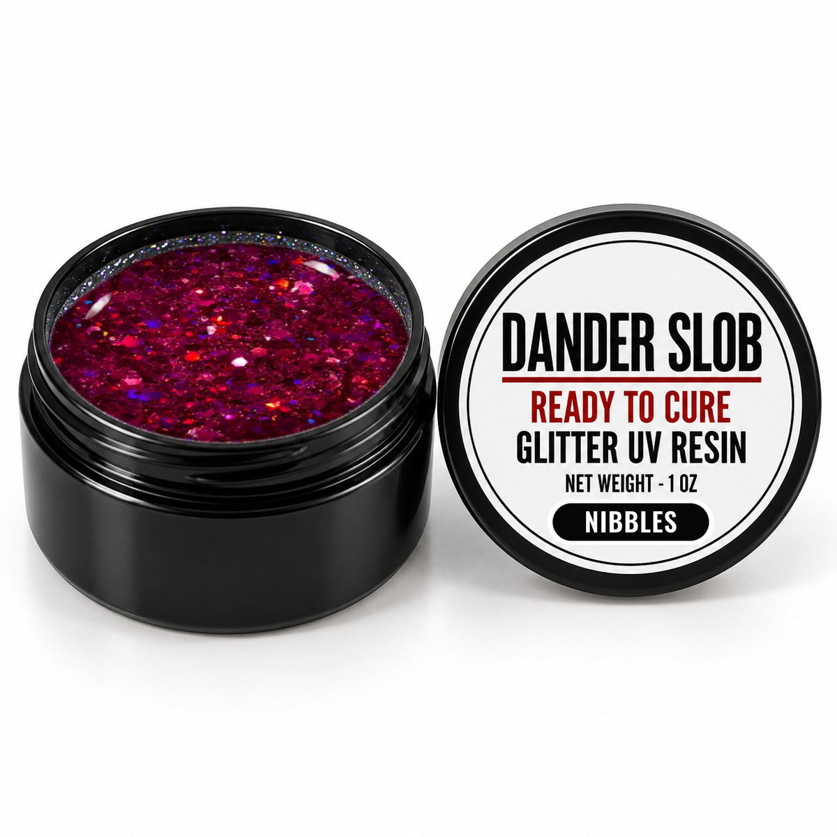 Craft Bully Dander Slob Nibbles glitter UV resin in a 1 oz black jar.