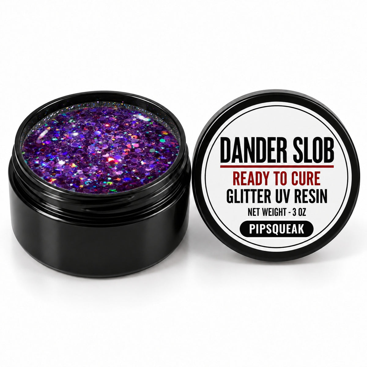 Craft Bully Dander Slob Pipsqueak glitter UV resin in a 3 oz black jar.