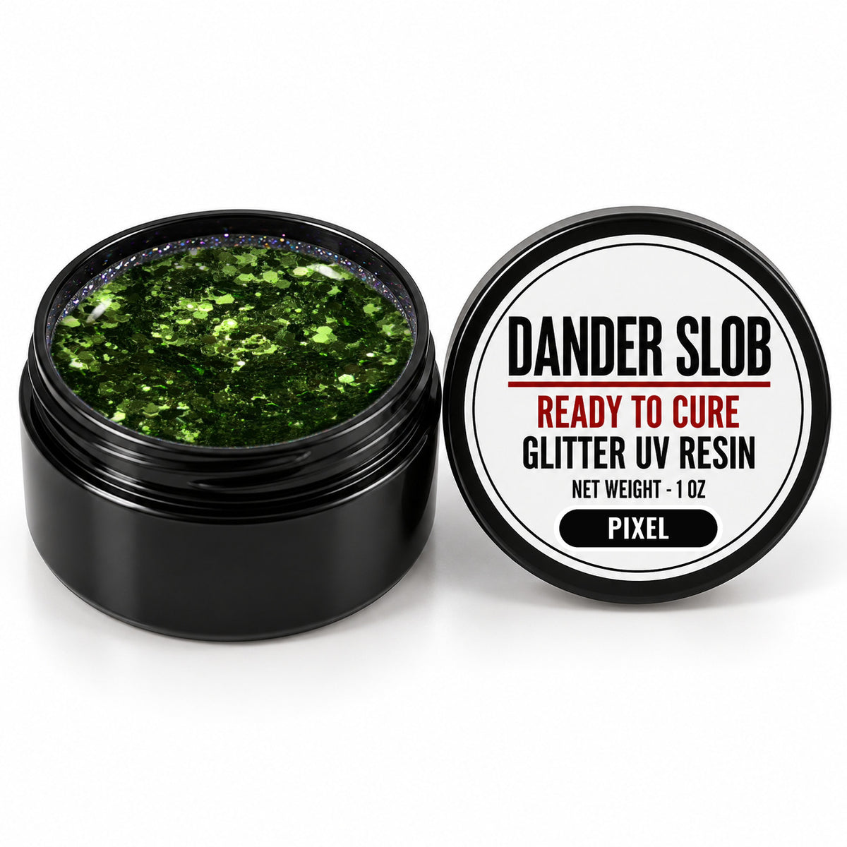 Craft Bully Dander Slob Pixel glitter UV resin in a 1 oz black jar.
