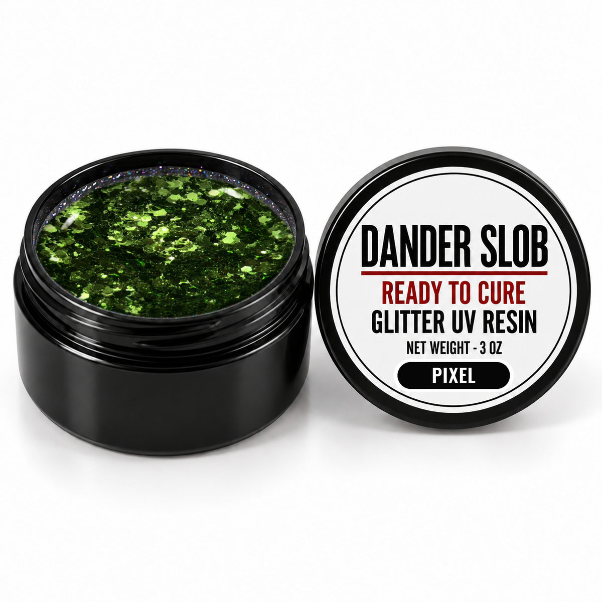 Craft Bully Dander Slob Pixel glitter UV resin in a 3 oz black jar.
