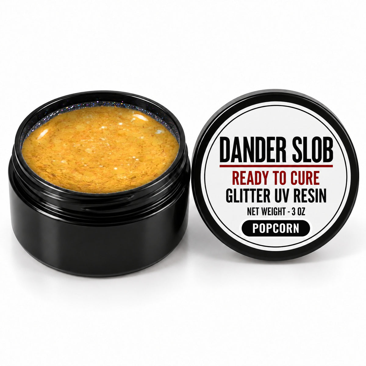 Craft Bully Dander Slob Popcorn glitter UV resin in a 3 oz black jar.
