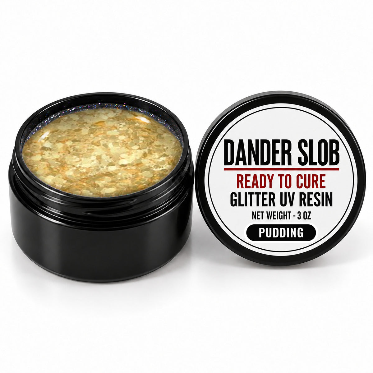 Craft Bully Dander Slob Pudding glitter UV resin in a 3 oz black jar.