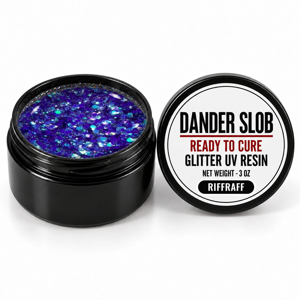 Craft Bully Dander Slob RiffRaff glitter UV resin in a 3 oz black jar.