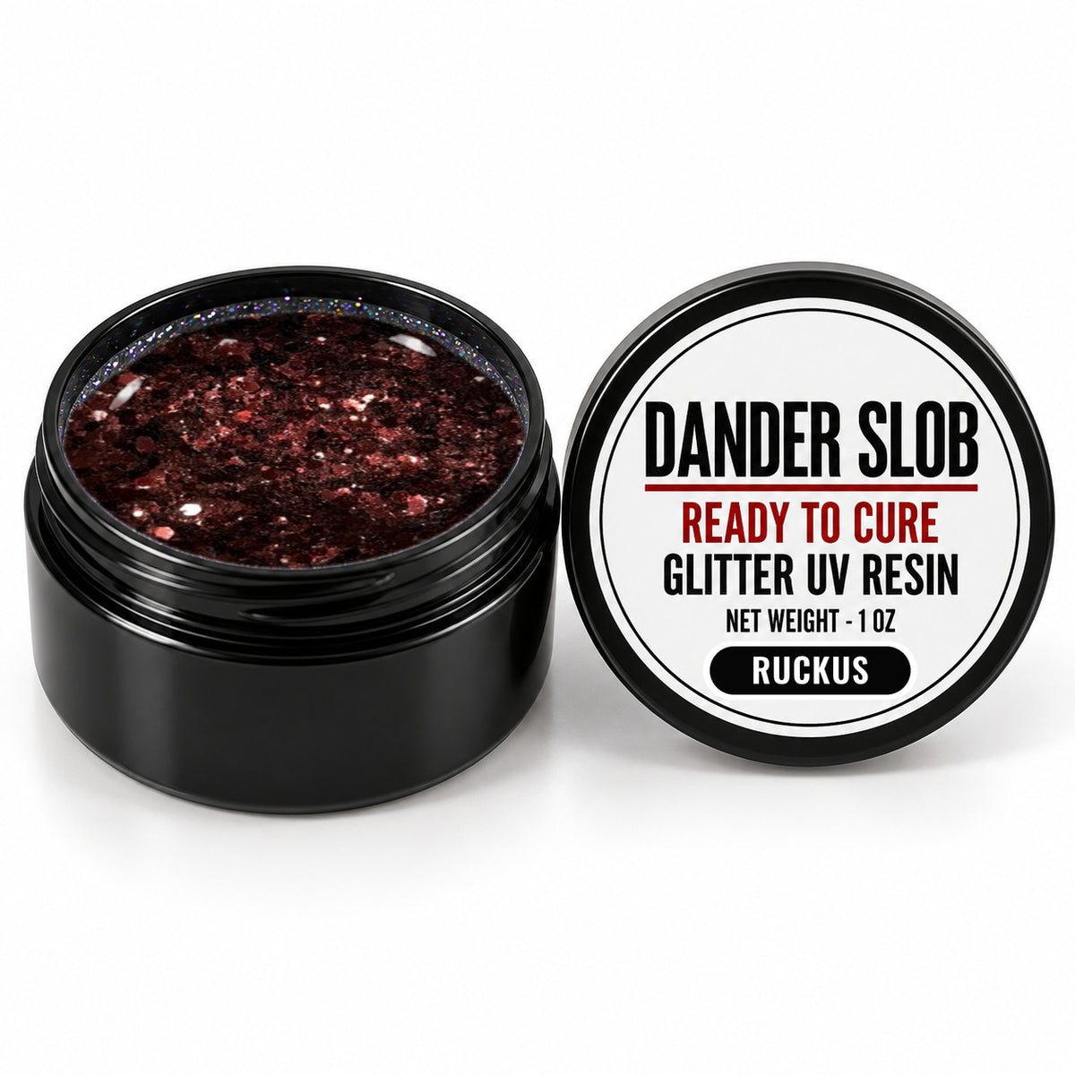 Craft Bully Dander Slob Ruckus glitter UV resin in a 1 oz black jar.