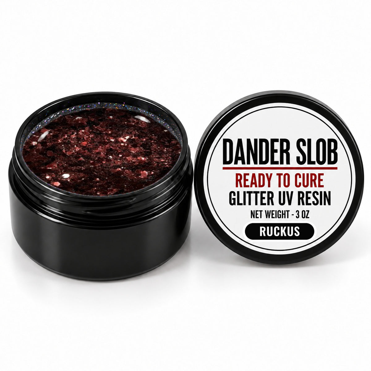 Craft Bully Dander Slob Ruckus glitter UV resin in a 3 oz black jar.