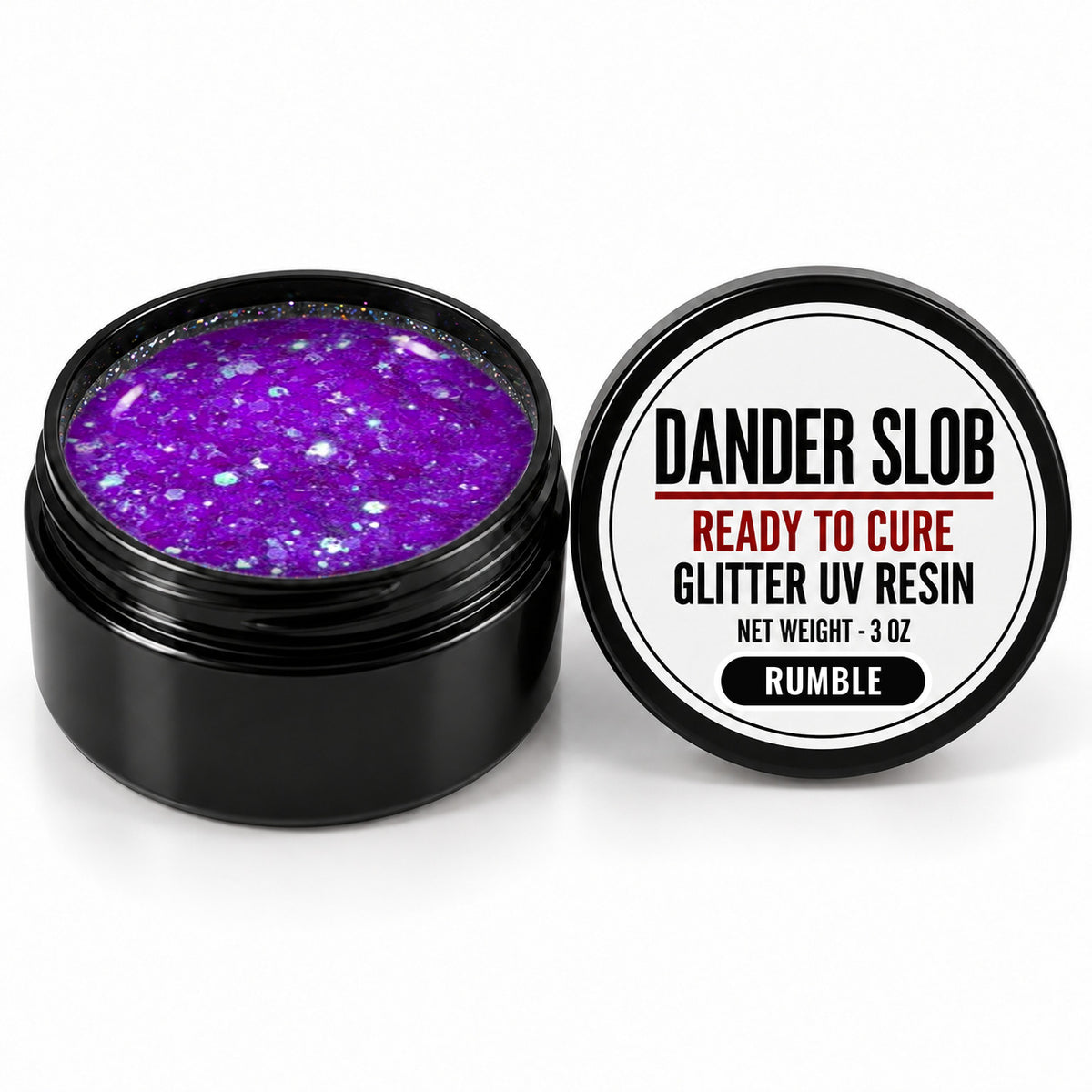 Craft Bully Dander Slob Rumble glitter UV resin in a 3 oz black jar.