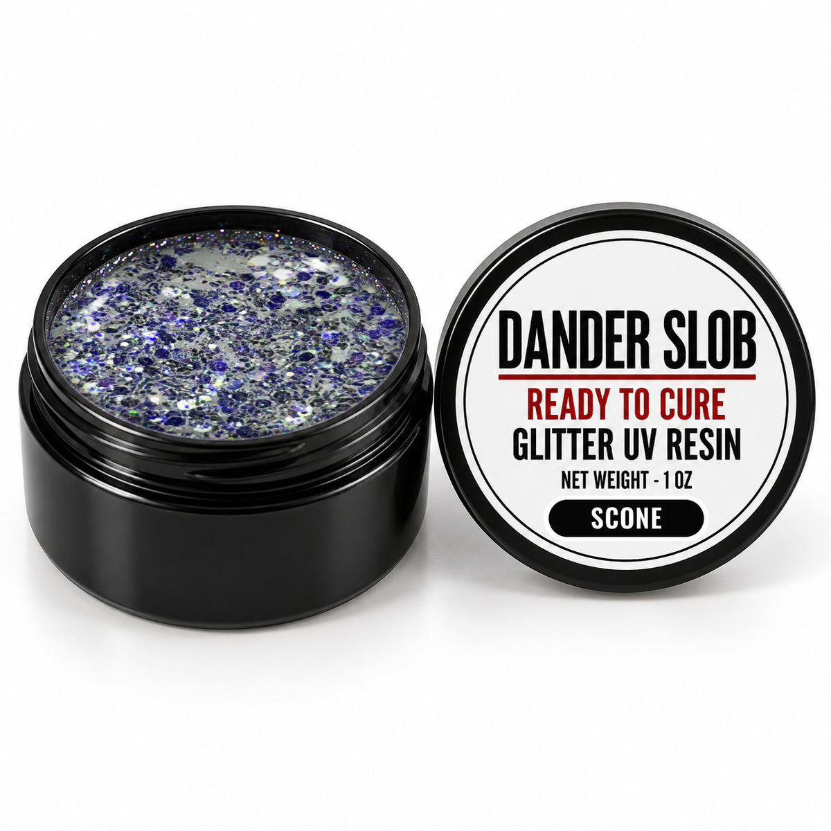 Craft Bully Dander Slob Scone glitter UV resin in a 1 oz black jar.