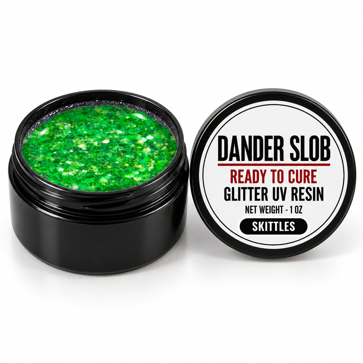 Craft Bully Dander Slob Skittles glitter UV resin in a 1 oz black jar.