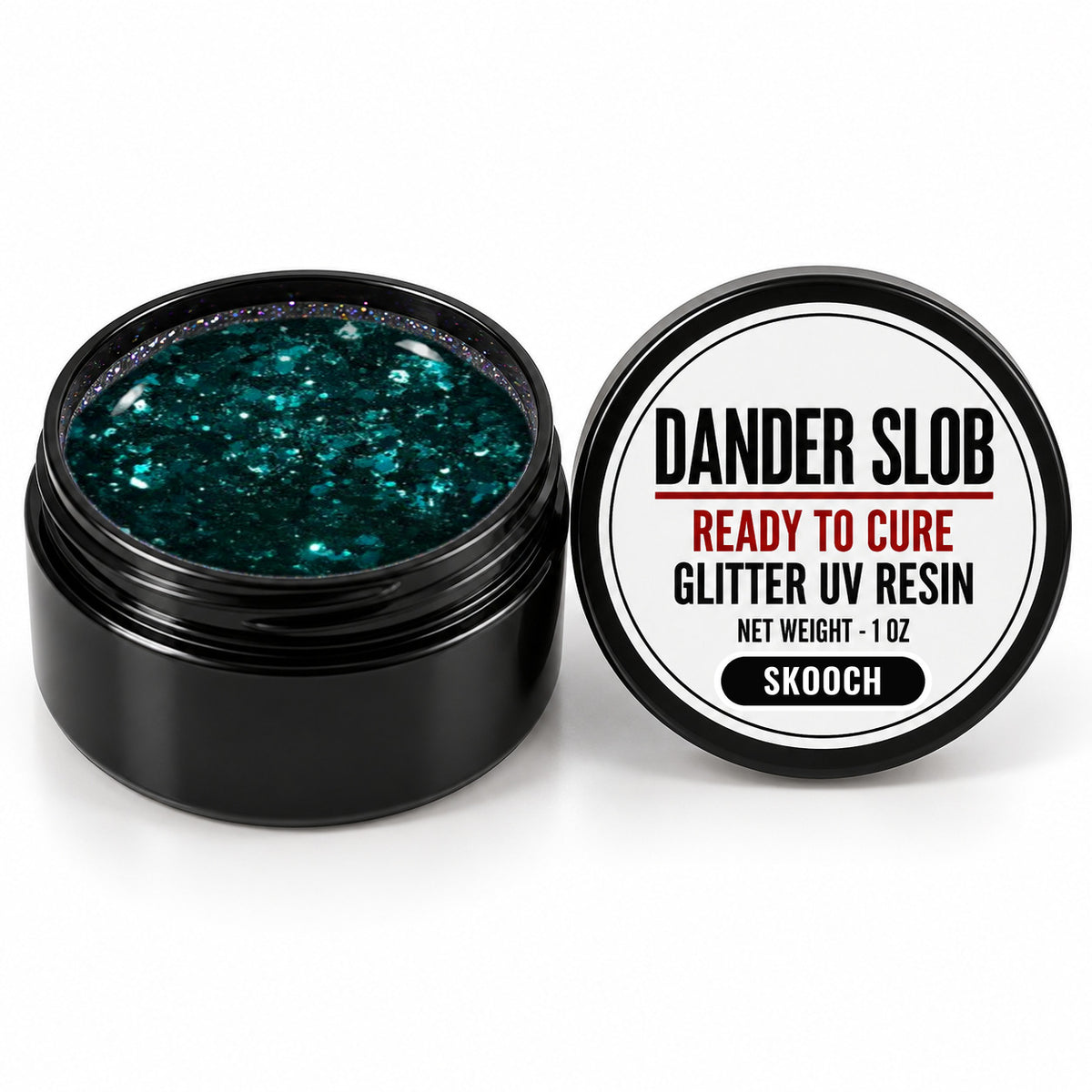 Craft Bully Dander Slob Skooch glitter UV resin in a 1 oz black jar.