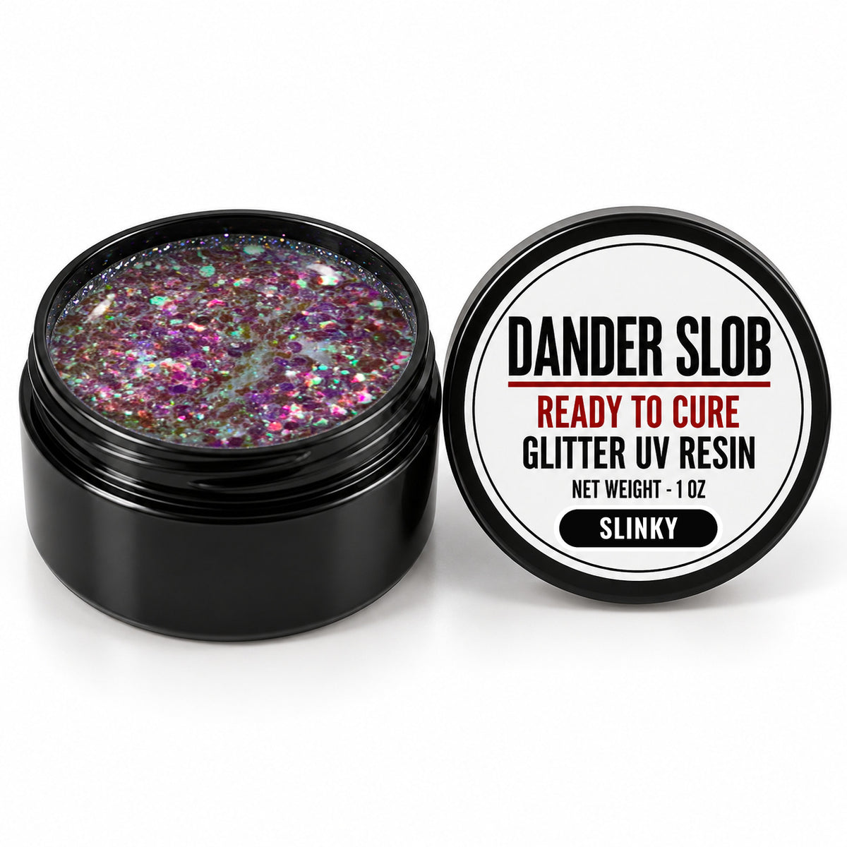 Craft Bully Dander Slob Slinky glitter UV resin in a 1 oz black jar.
