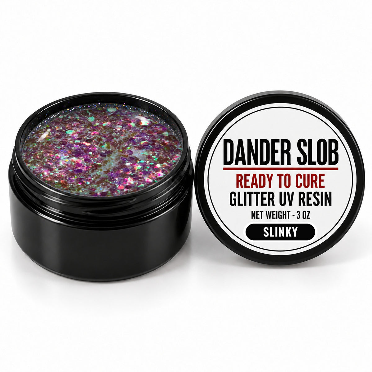 Craft Bully Dander Slob Slinky glitter UV resin in a 3 oz black jar.