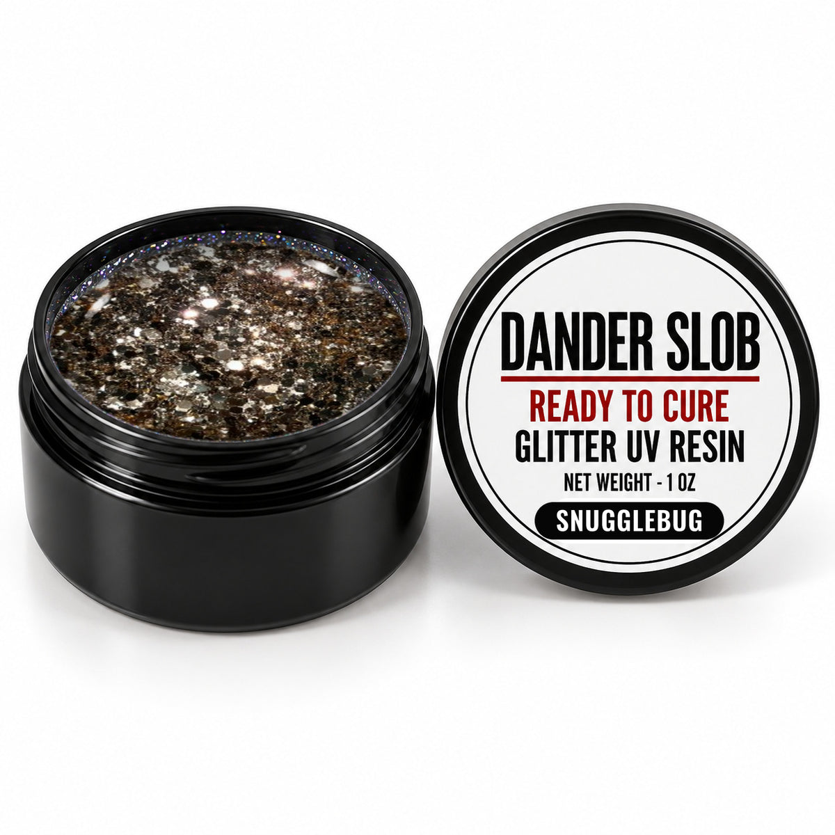Craft Bully Dander Slob Snugglebug glitter UV resin in a 1 oz black jar.