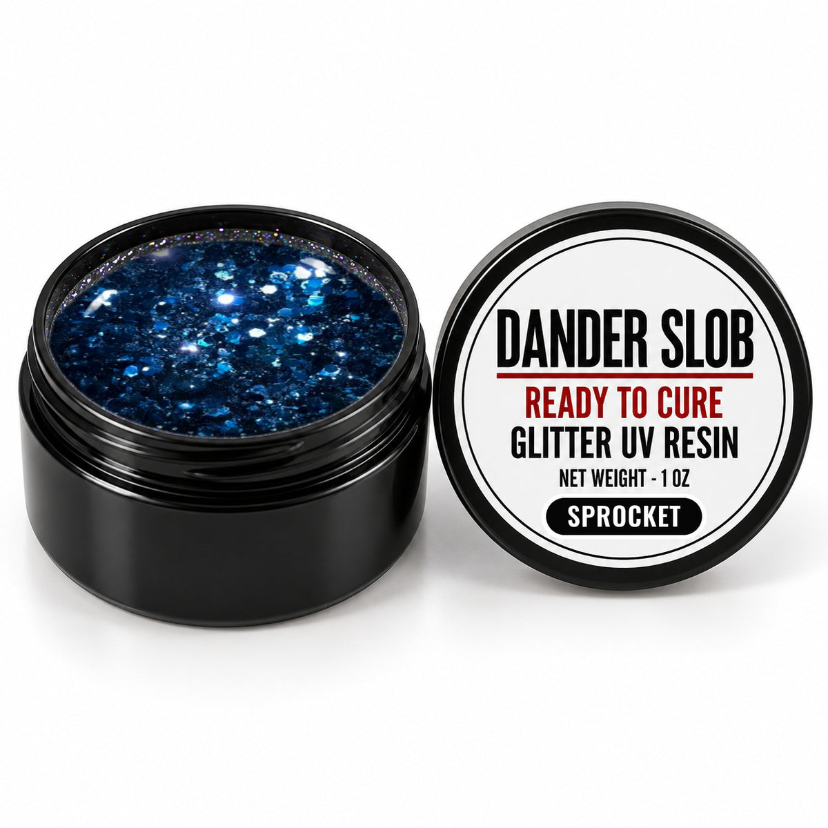 Craft Bully Dander Slob Sprocket glitter UV resin in a 1 oz black jar.