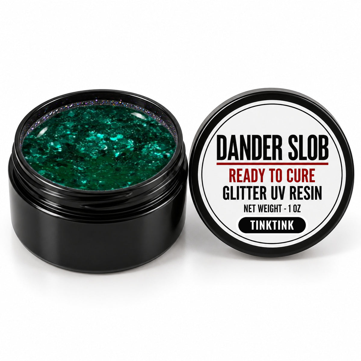 Craft Bully Dander Slob TinkTink glitter UV resin in a 1 oz black jar.