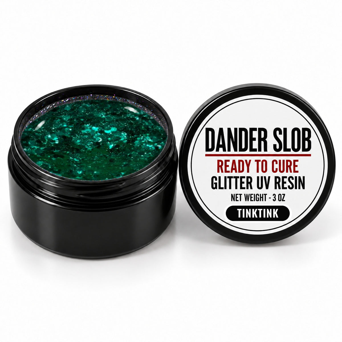 Craft Bully Dander Slob TinkTink glitter UV resin in a 3 oz black jar.
